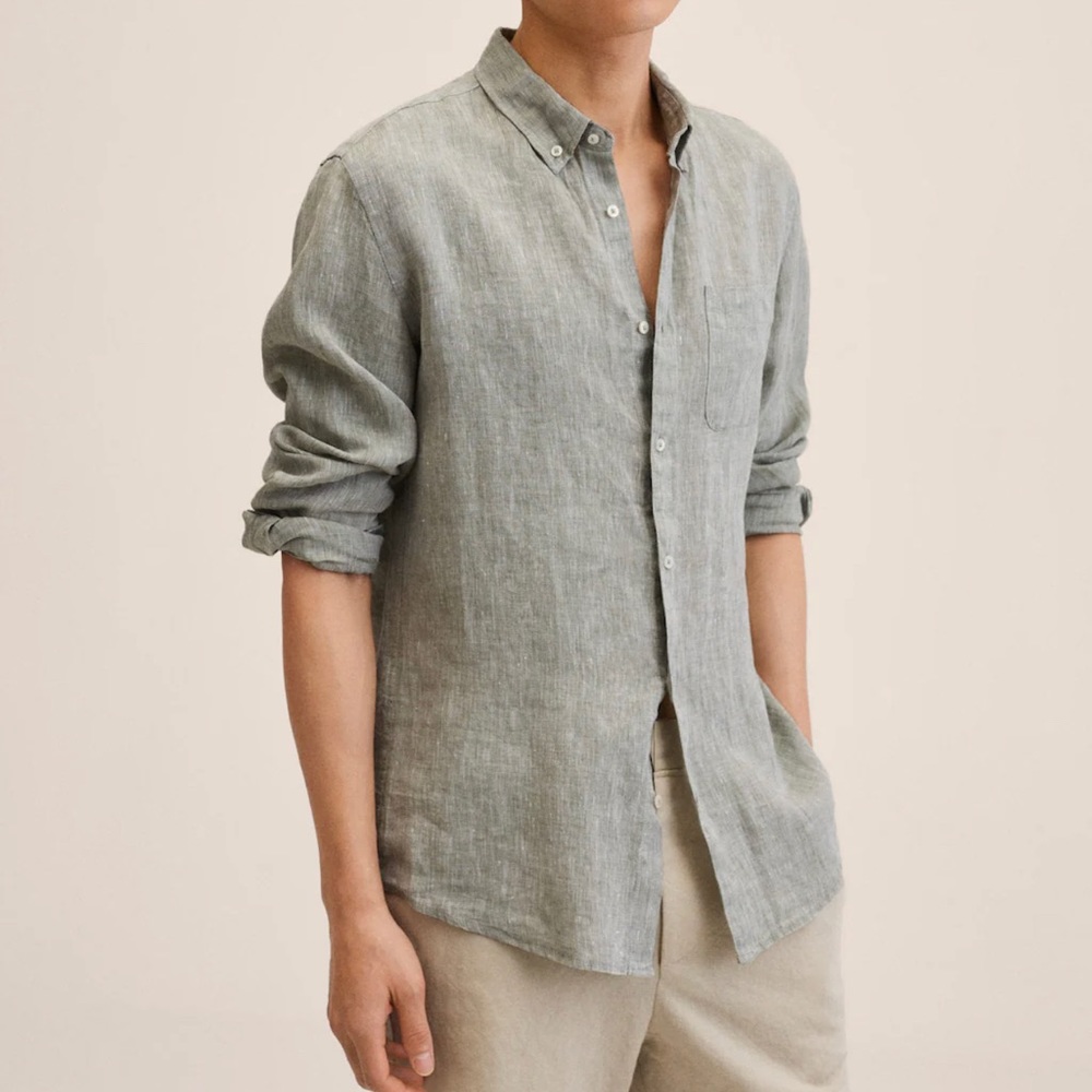 100% Slim Fit Linen Shirt. Olive. Large.